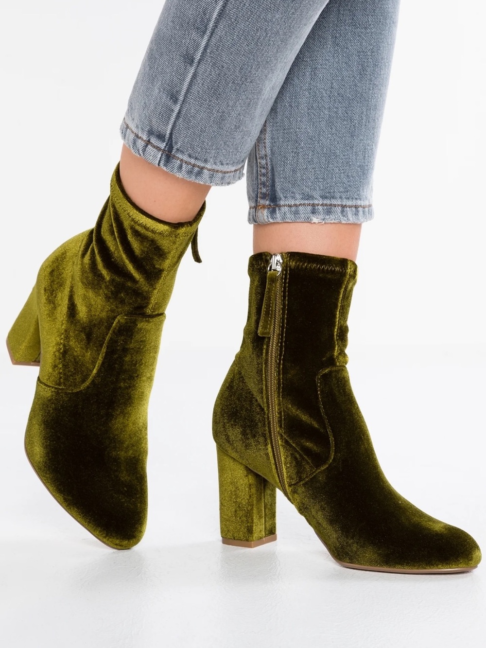 Steve Madden Olive Green Velvet Block Heel Ankle Boots